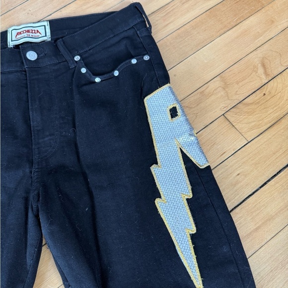 Ricchezza black denim embroidered patch work lightning bolt jeans - Picture 7 of 10